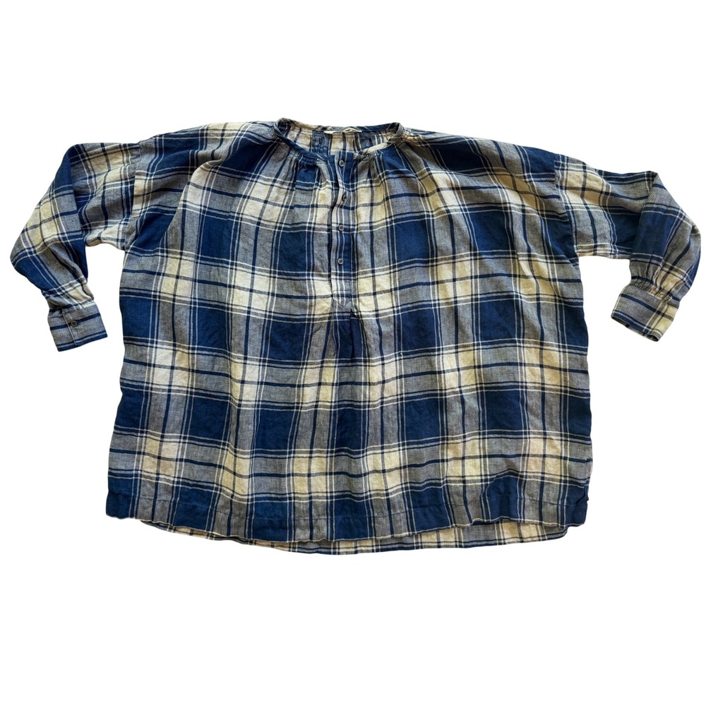 ICHI Antiquites Tunic Women One Size Blue Plaid Excellent‎ Linen Henley Japan